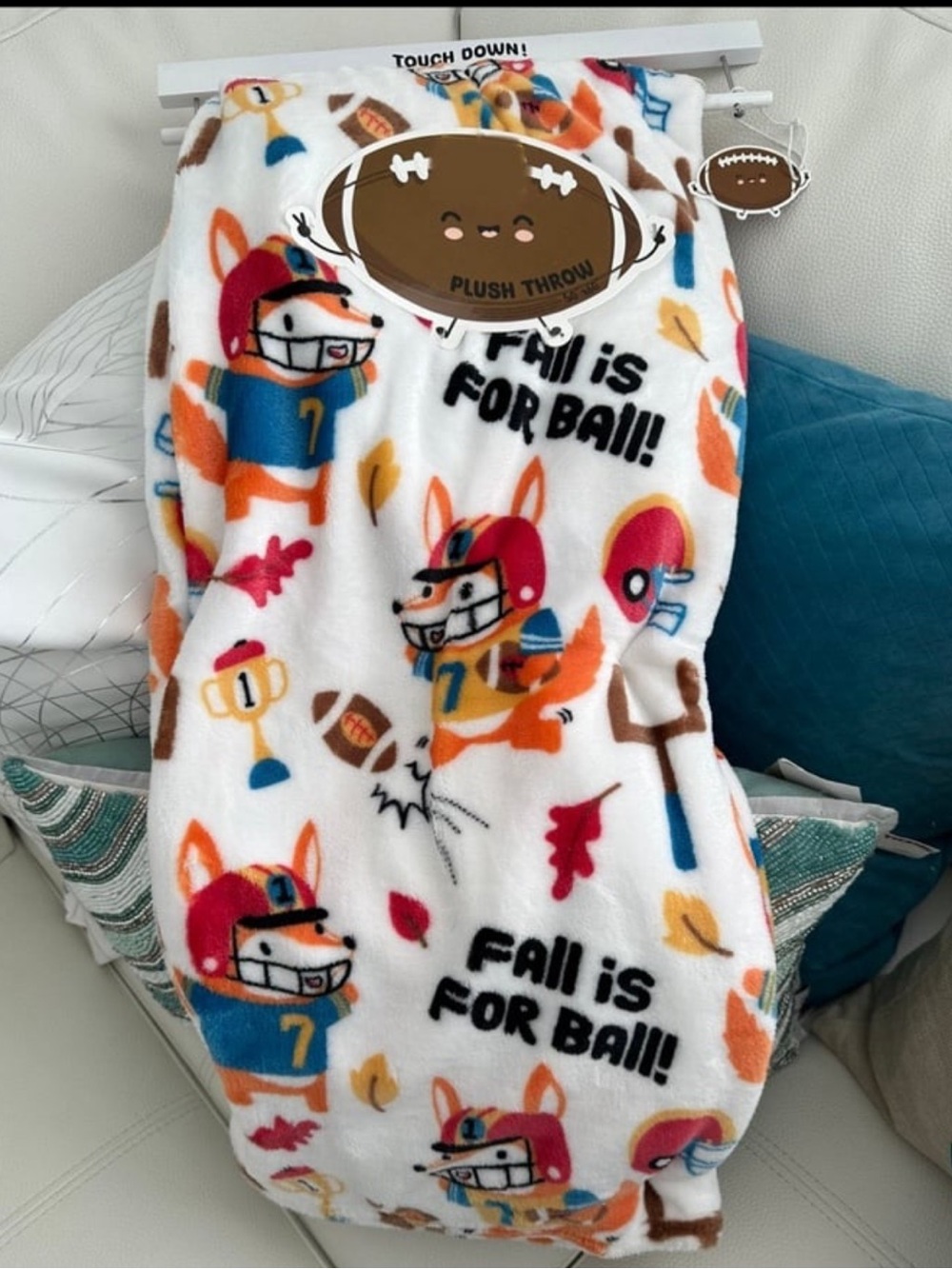 Fox Plush Football Throw Blanket - White with Orange & Blue